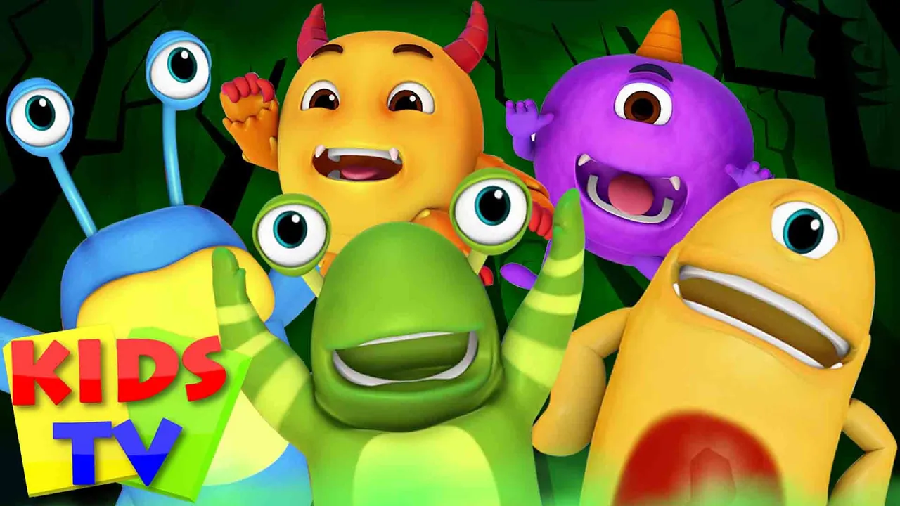 Five Little Monsters Jumping on the Bed | Halloween Rhymes | Scary Cartoon & Spooky Songs - Kids Tv background