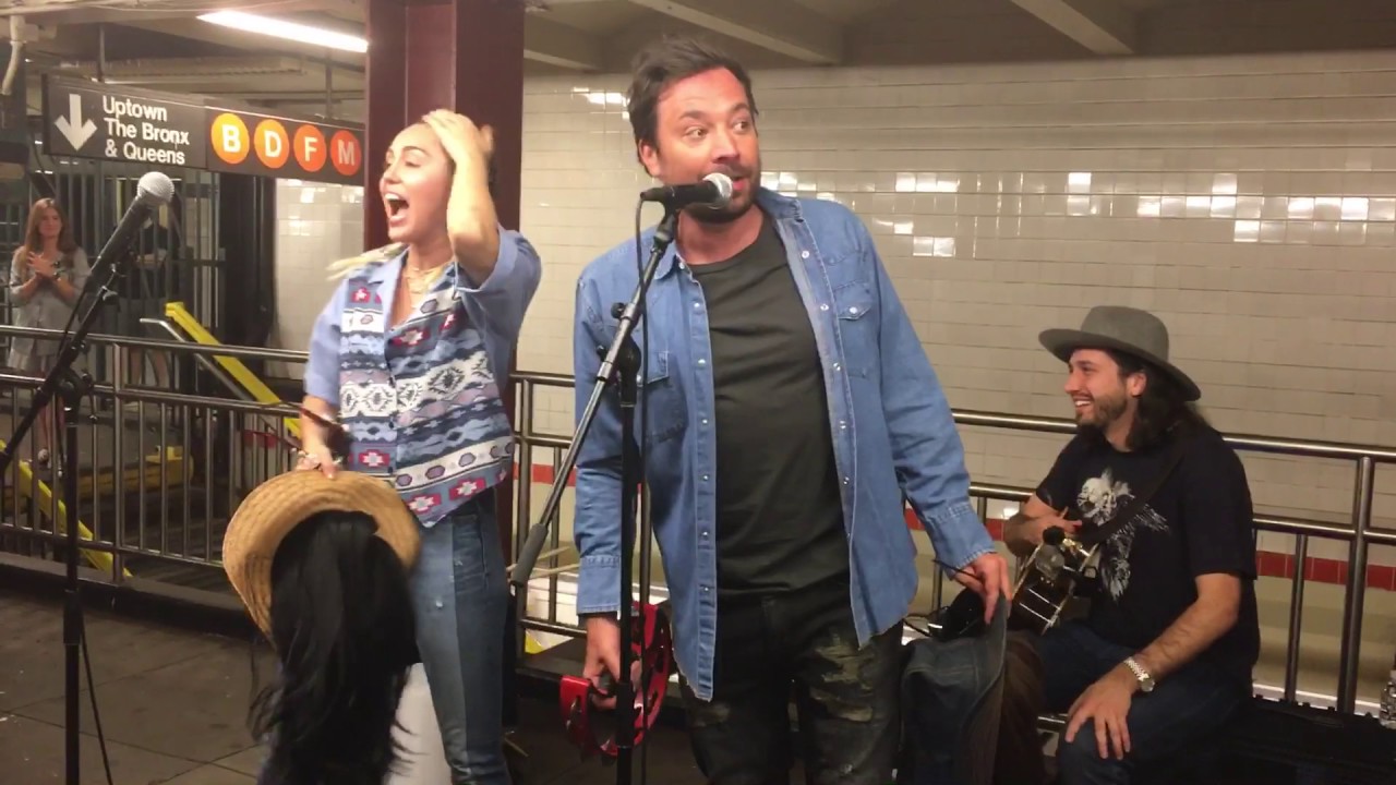 Miley Cyrus and Jimmy Fallon Surprise NYC Subway Performance 06/13/17 background
