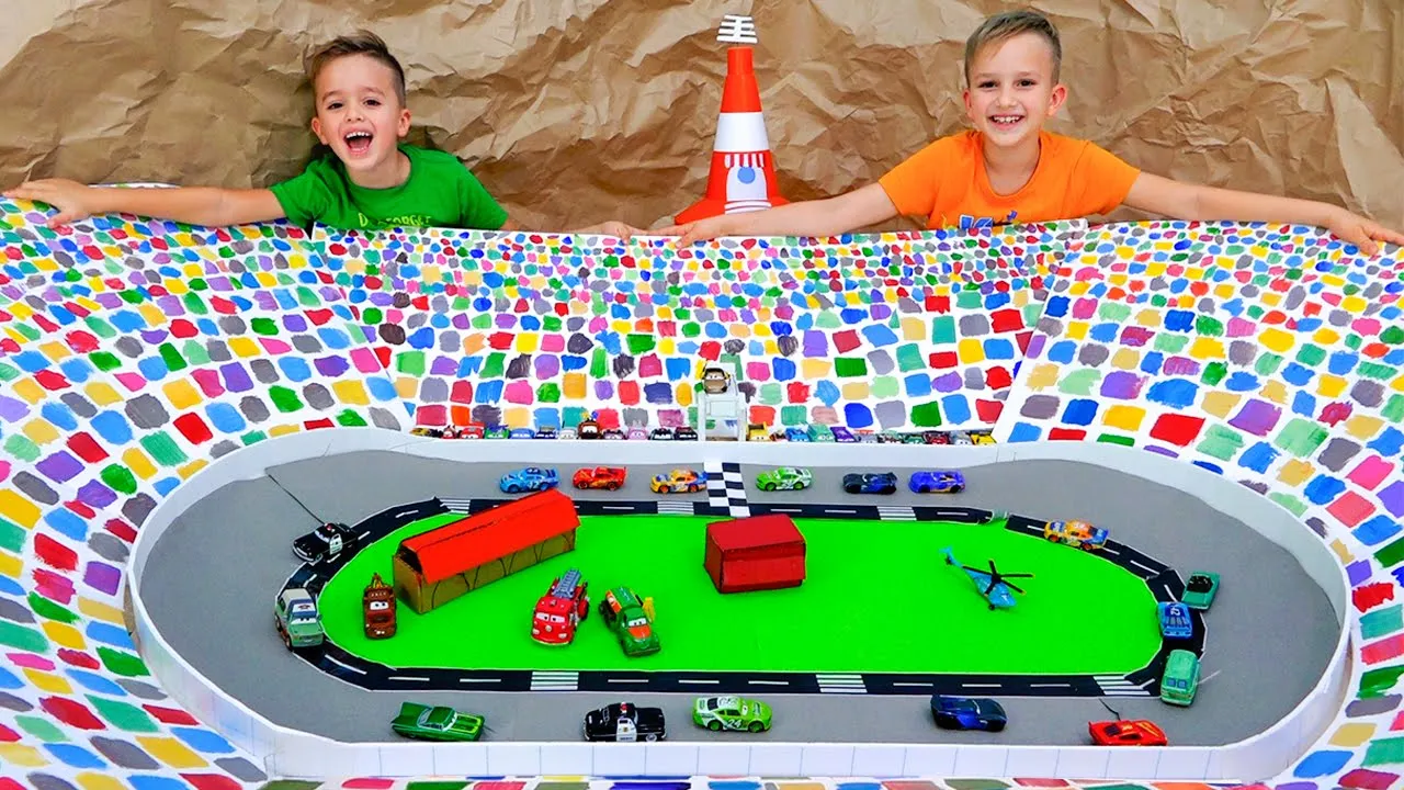 Vlad and Niki play with Toy Cars and build Speedway Track backdrop