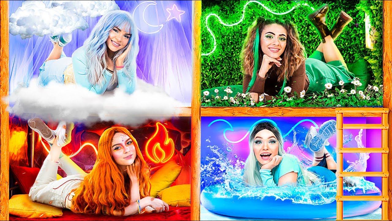 Four Elements Build a Bunk Bed! Fire Girl, Water Girl, Air Girl and Earth Girl poster — similar to Ninja Ryan vs Dragon Ninja Mommy Master the elements Challenge!
