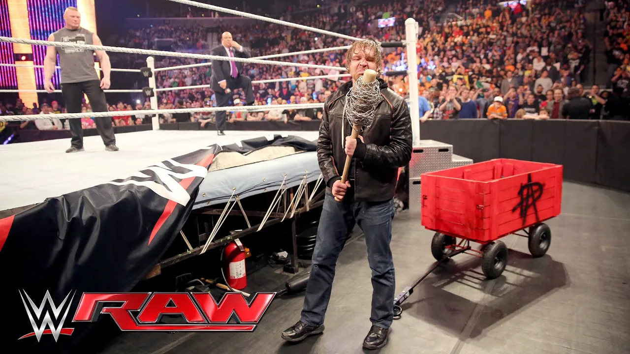 Dean Ambrose interrupts Brock Lesnar & Paul Heyman to pick some 'Mania essentials: Raw, Mar 28, 2016 background
