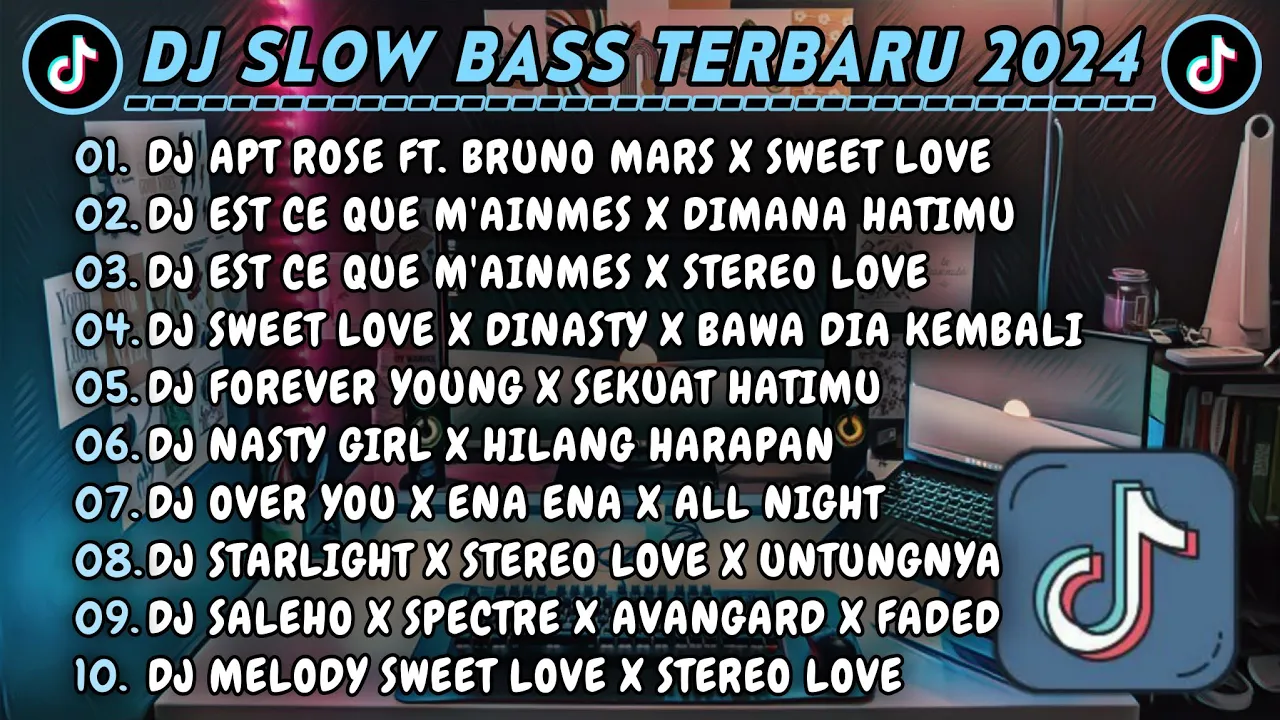 DJ SLOWBASS TERBARU 2024 || DJ APT ROSE FT. BRUNO MARS X SWEET LOVE || DJ EST CE QUE M'AINMES VIRAL poster — similar to DJ TIKTOK TERBARU 2025-🎵 DJ DJ STECU STECU X NONA AMBON PICA PICA🎵 DJ AKU DAH LUPA FULL ALBUM