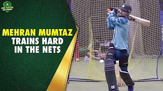 Young spinner Mehran Mumtaz trains hard in the nets | Pakistan Cricketers' Skills Development Camp backdrop