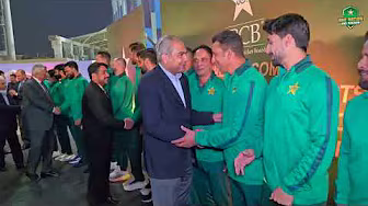 PCB Chairman Mohsin Naqvi meets with Pakistan players and support staff in Karachi background