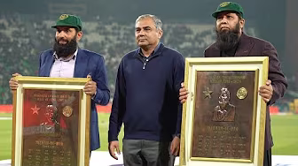 PCB Chairman Mohsin Naqvi presents PCB Hall of Famers Inzamam & Misbah with special caps and plaques