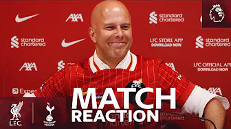 Arne Slot reacts to Liverpool becoming Premier League Champions background