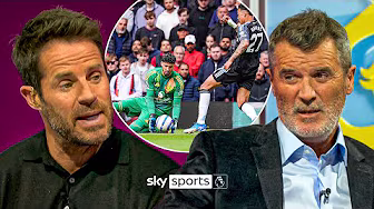 Keane and Redknapp react to CONTROVERSIAL disallowed Morgan Rogers goal vs Man Utd background