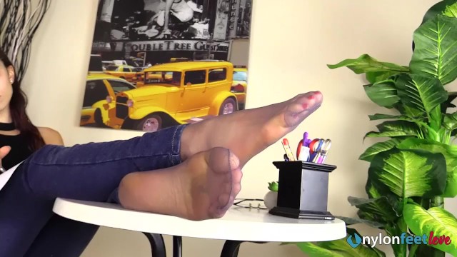 Teen wearing pantyhose has feet in your face and shoeplay