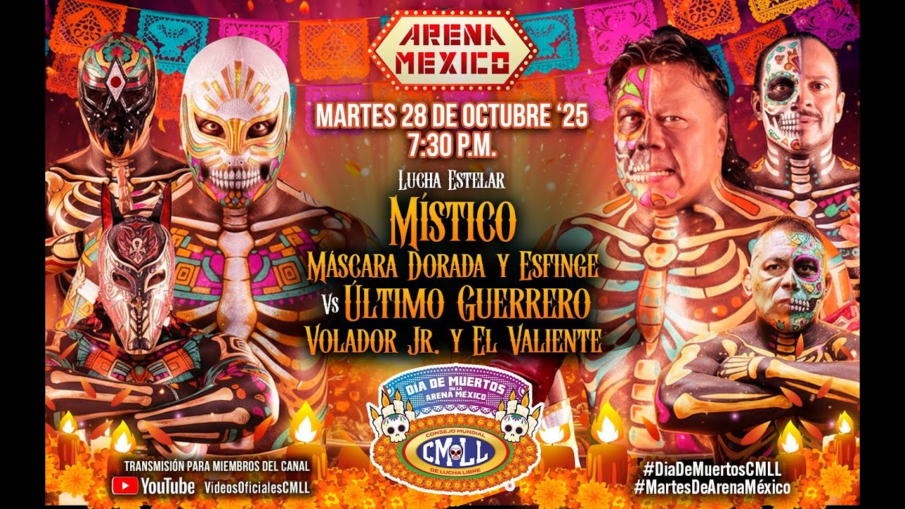 CMLL 28 DE OCTUBRE 2025 || MÍSTICO, M. DORADA Y ESFINGE VS Ú. GUERRERO, VOLADOR JR. Y EL VALIENTE background