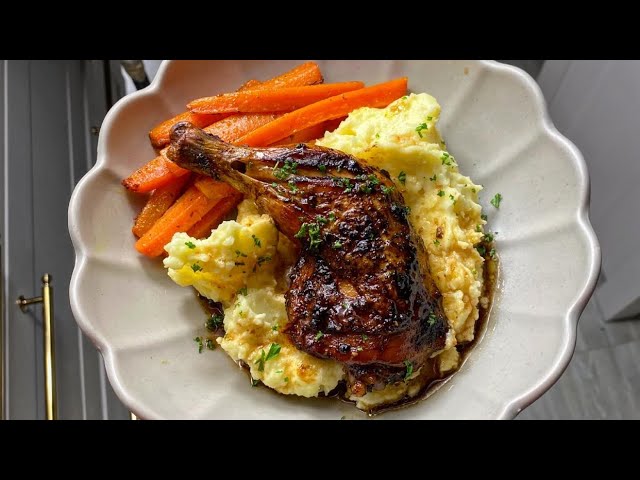 Let’s Cook with me | Ginger garlic roast chicken with creamy mash and brown sugar curry carrots background