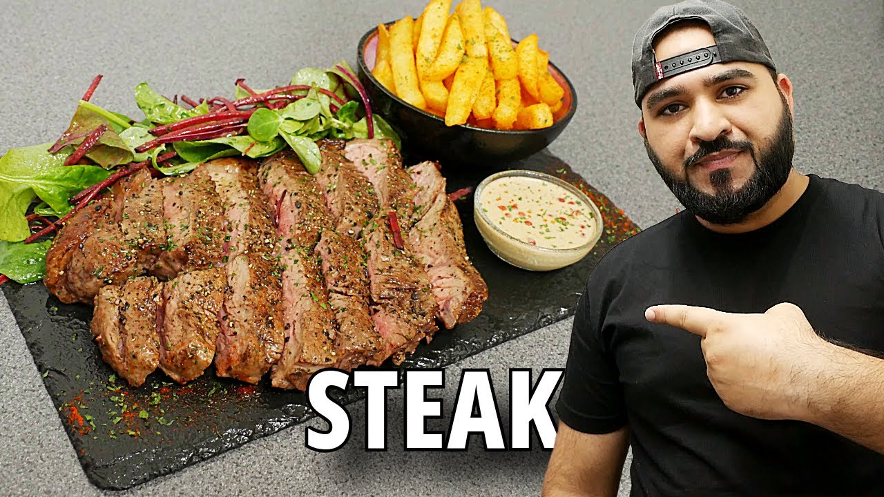 Perfect Steak with Chips & Mushroom Pepper Sauce | Halal Chef background