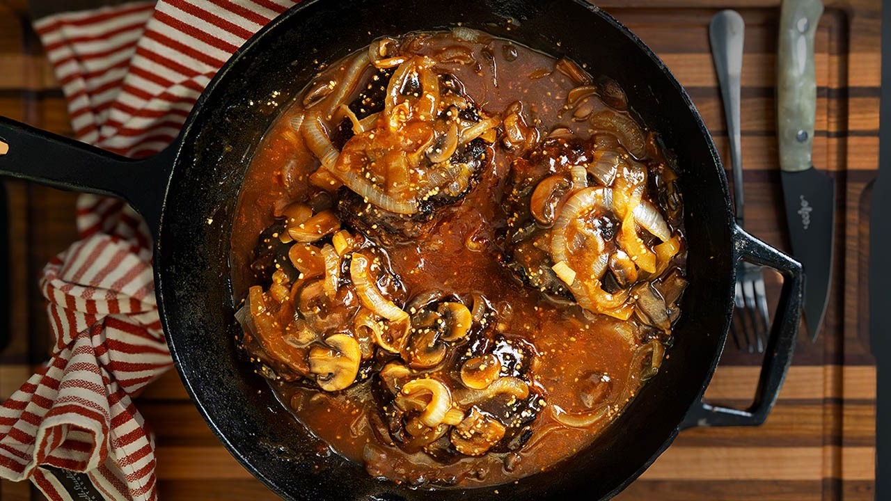 Easy Salisbury Steak with Mushroom Onion Gravy | Classic Comfort Food Dinner backdrop
