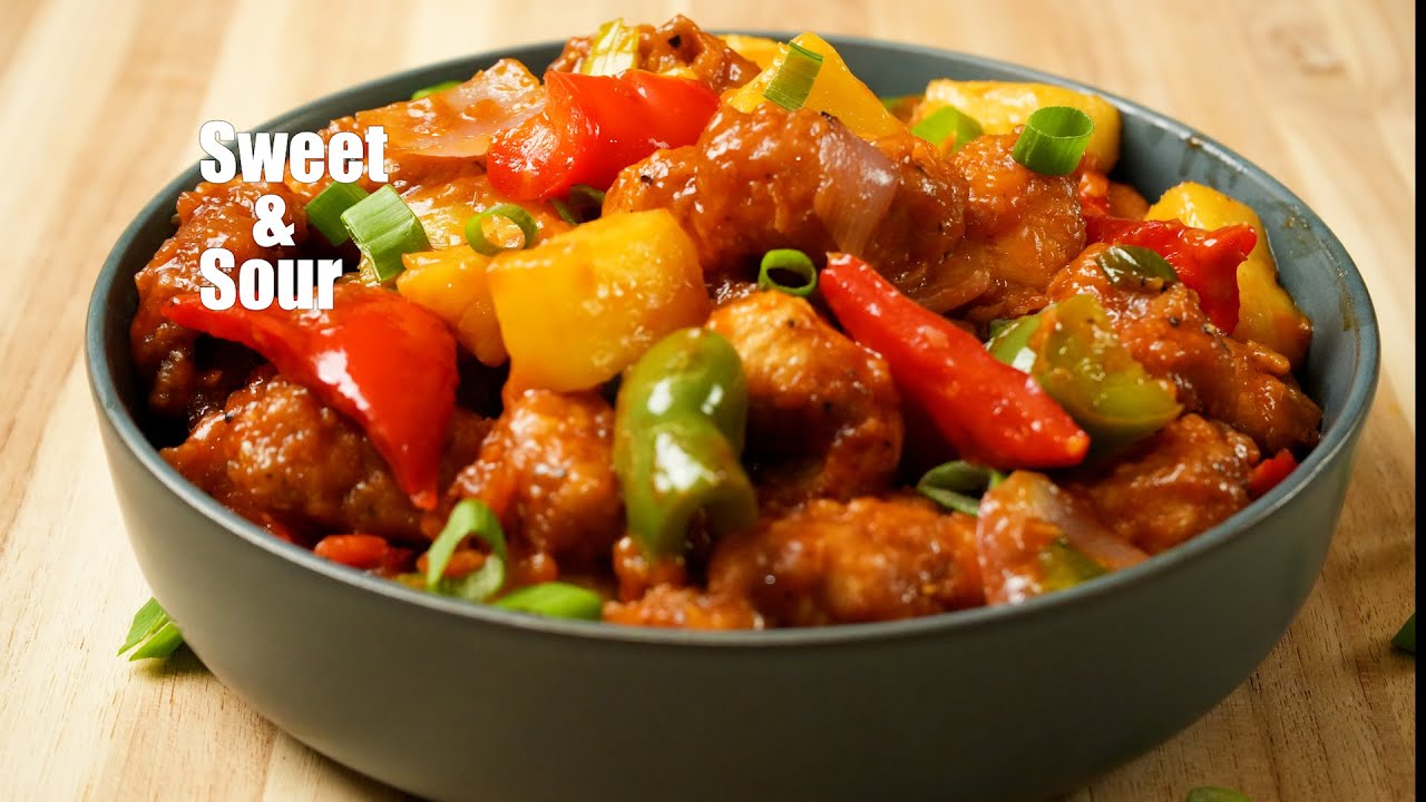 Sweet and Sour Chicken with peppers, onions pineapple | Stir Fried Chicken Much BETTER than Take-out backdrop
