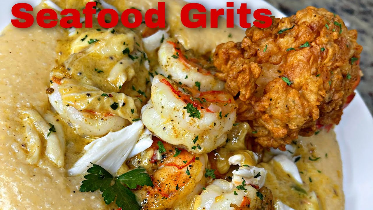 Seafood Loaded Grits| Smoked Gouda Grits | Fried Lobster Tail | Shrimp and Crab backdrop
