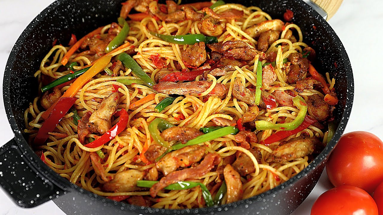 EXTRA SPECIAL STIR FRY SPAGHETTI | CHICKEN STIR FRY WITH PASTA background