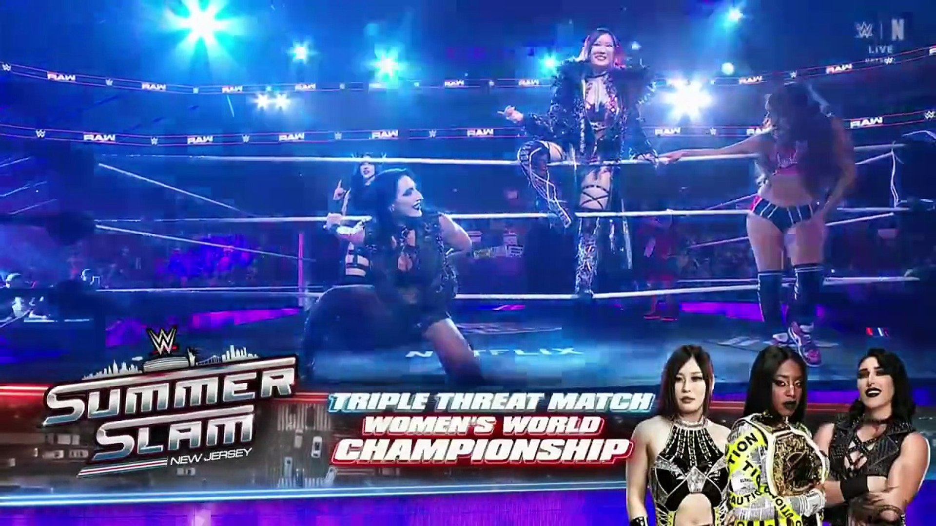 WWE Raw _July 28, 2025 - 8 Woman Tag Team Match _Rhea Ripley, Stephanie Vaquer, Iyo Sky & Nikki Bella Vs Naomi, Chelsea Green, Secret Hervice (Piper Niven & Alba Fyre) backdrop
