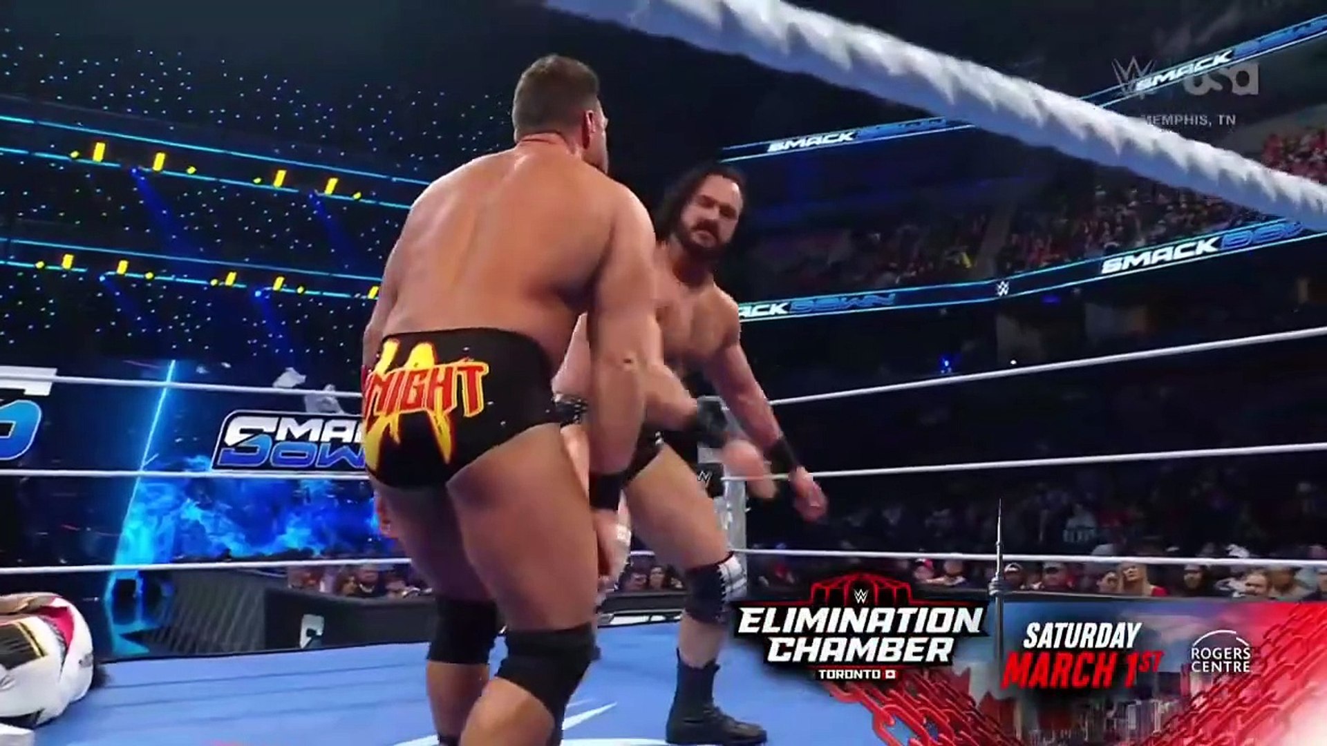 Drew McIntyre Vs Jimmy Uso Vs LA Knight in a Triple Threat Match for the Elimination Chamber Match - WWE Smackdown 2/7/2025 background