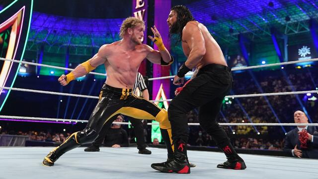 Logan Paul hits Roman Reigns with “one lucky punch”: WWE Crown Jewel (WWE Network Exclusive) background
