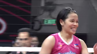 Galanza, Panaga POWER BLOCK for Creamline in Set 1 🍦 | 2025 PVL Invitational Battle for Bronze background
