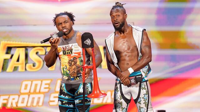 The New Day mock Drew McIntyre's sword background