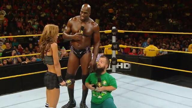 WWE NXT: Derrick Bateman and Maxine interrupt Hornswoggle, Titus O'Neil and A.J. background