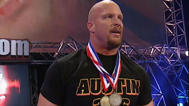 "Stone Cold" Steve Austin steals Kurt Angle's gold medals: Raw, Aug. 27, 2001 backdrop