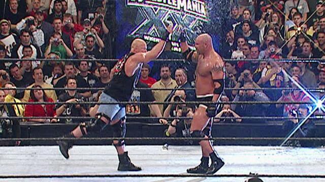 "Stone Cold" Steve Austin nails Brock Lesnar and Goldberg with a Stunner: WrestleMania XX background