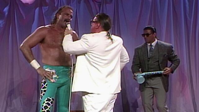 Rick "The Model" Martel sprays "Arrogance" in the eyes on Jake "The Snake" Roberts: Superstars, October 6, 1990