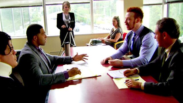 Sheamus attends a deposition with David Otunga and Ricardo Rodriguez: Raw, Sept. 10, 2012 background