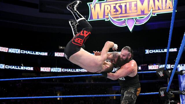 Sami Zayn attempts a sneak attack on Braun Strowman and pays the price on WWE Mixed Match Challenge background