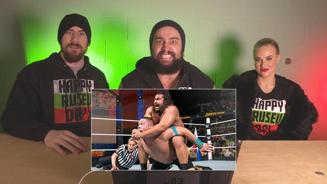 Rusev, Lana and Aiden English rewatch The Bulgarian Brute's victory over John Cena at WWE Fastlane 2015: WWE Playback background