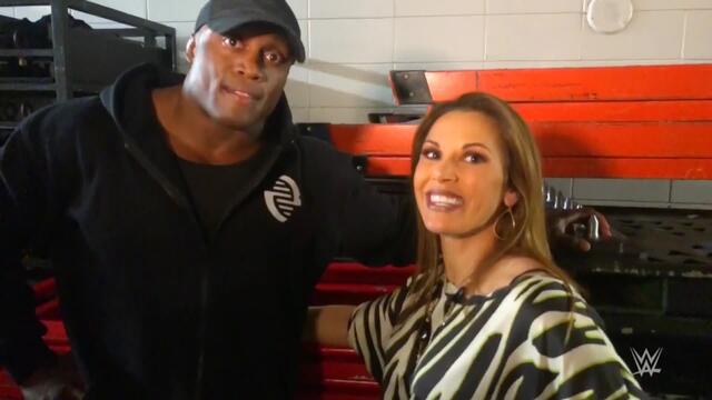 Lio Rush interrupts a bonding moment between Bobby Lashley & Mickie James backdrop