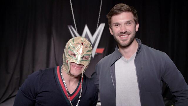 Rey Mysterio gets ready to race with NASCAR's Daniel Suarez