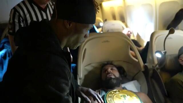 R-Truth pins a sleeping Jinder Mahal on an airplane to win the 24/7 Title background