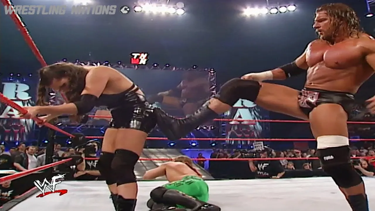 Triple H vs Stephanie McMahon vs Chris Jericho Triple Threat Match For the Undisputed Titles background