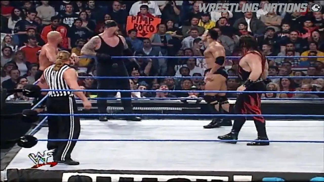 Rock,Austin and Undertaker vs Kane, Kurt Angle and Rikishi as Triple H special Guest Referee Part 2 backdrop