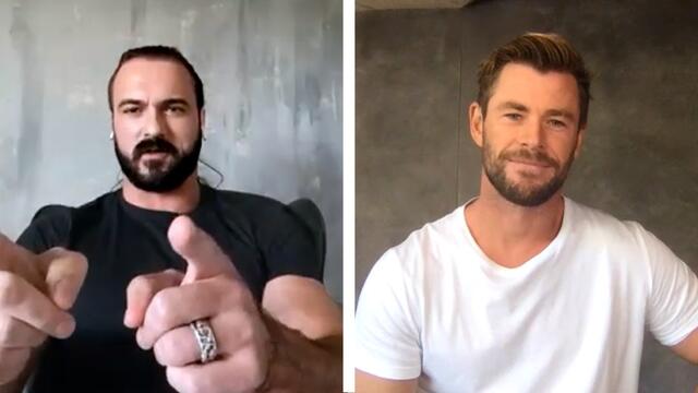 Chris Hemsworth goes one-on-one with Drew McIntyre background