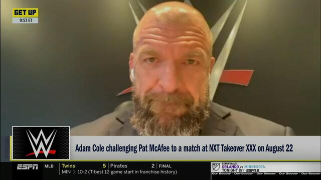 Triple H challenges Pat McAfee to NXT TakeOver XXX match against Adam Cole background