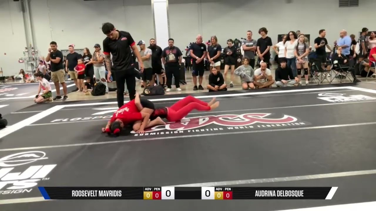 Girl in mounted triangle position covers opponent's mouth