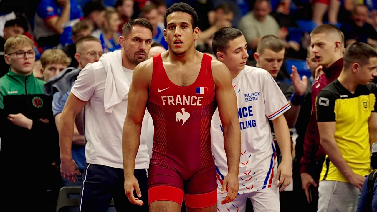 U20 Ilian Doubach (FRA) vs Hugo Riehunkangas (FIN) 67kg. Greco-roman men wrestling. B-cam-man