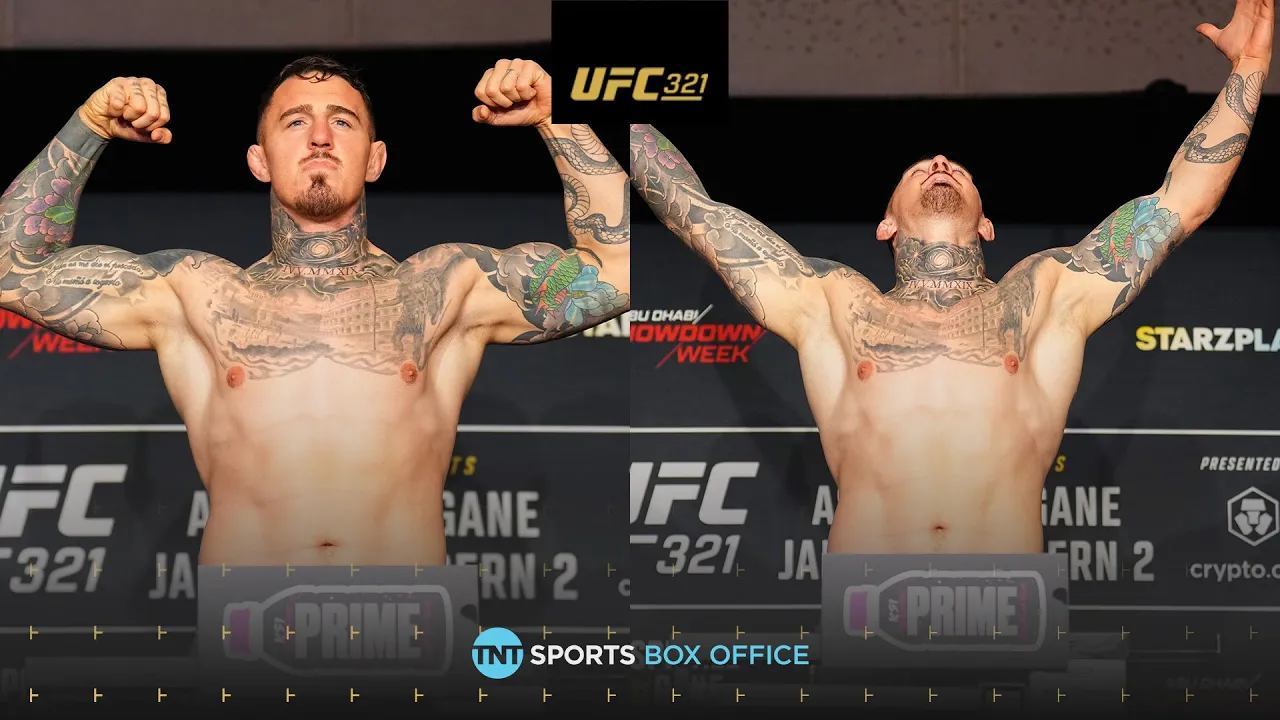 Tom Aspinall hits the scale at 255lbs ahead of #UFC321 ⚖️ background