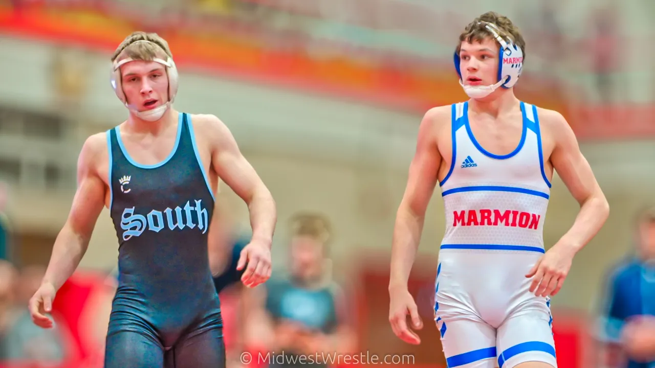 170 – Will Schuessler {G} of Downers Grove South IL vs. Tyler Perry {R} of Marmion Academy IL background