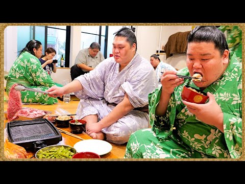 【相撲飯】九月場所前の決起会🔥 女将さんの混ぜご飯・サーロインステーキ・焼肉・枝豆 / 朝稽古 🍚『ちゃんこ番:女将・許田・厚雅・恵雅・梅山』 background
