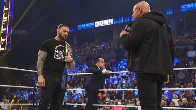 Goldberg comes to SmackDown en route to challenging Reigns for the Universal Title at WWE Elimination Chamber background