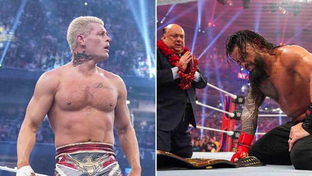 Cody Rhodes stares down Roman Reigns: Royal Rumble 2024 highlights background