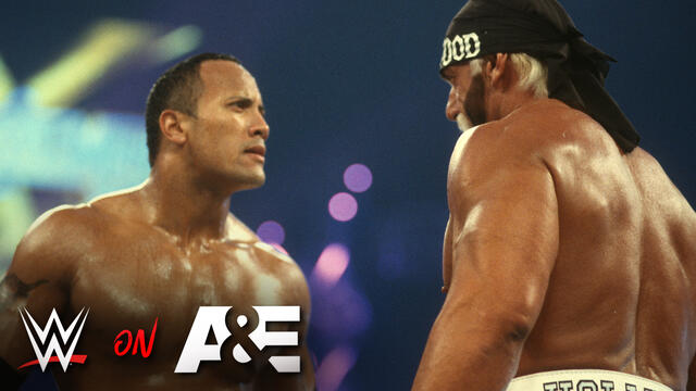 The Rock and Hulk Hogan look back at dream WrestleMania moment: A&E WWE Rivals The Rock vs. Hulk Hogan background