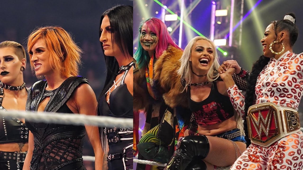 WWE Asuka,Liv Morgan & Bianca Belair vs Becky Lynch,Rhea Ripley & Sonya Deville 1/2 5/2/22 background