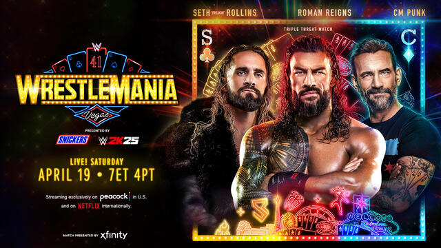 Roman Reigns vs. CM Punk vs. Seth Rollins | Triple Threat Match: WrestleMania 41 Hype Package background