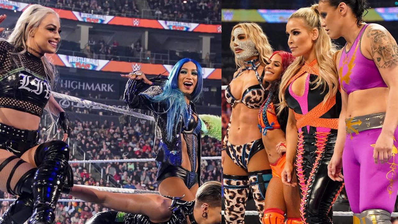 WWE Sasha Banks,Naomi,Liv Morgan & Rhea Ripley vs Carmella, Zelina Vega,Shayna & Natalya 3/28/22. backdrop