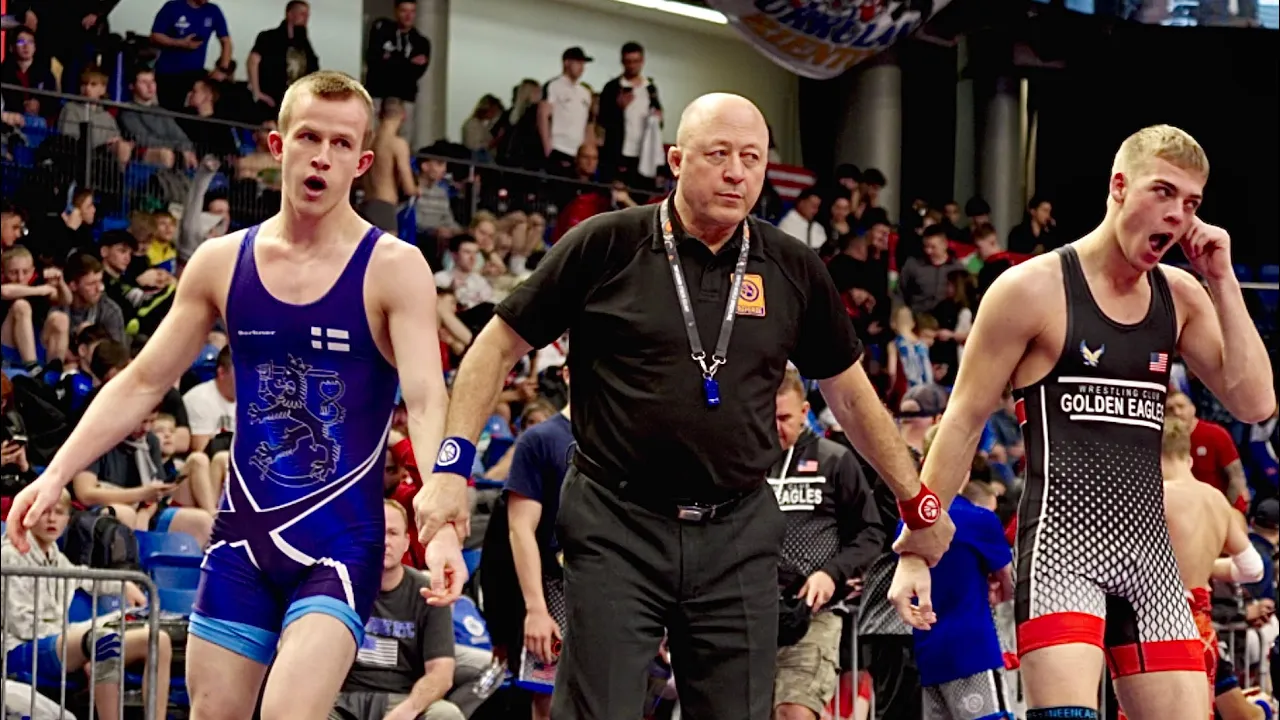 U20 Merrick Wahlert (USA) vs Ruslan Vartiaynen (FIN) 74kg. Freestyle men wrestling. B-cam-man